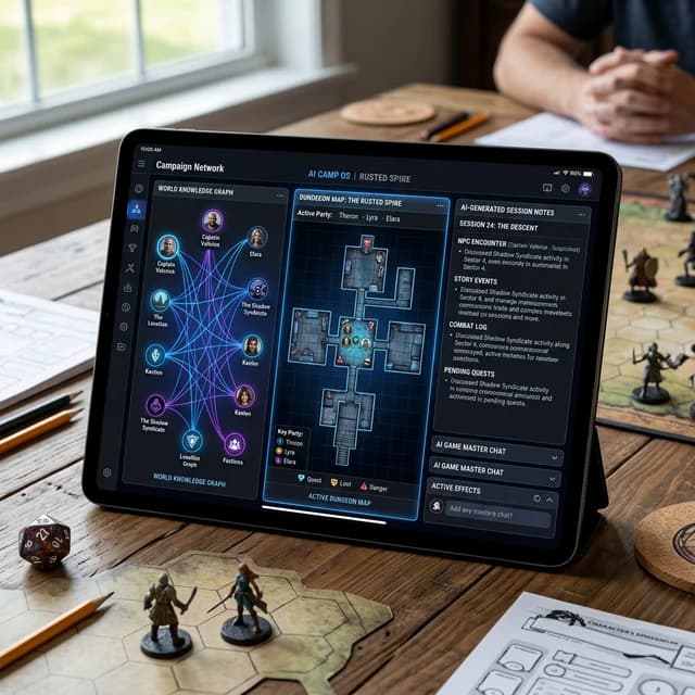 Tablet displaying the AI Campaign OS interface with a knowledge graph visualization, surrounded by miniatures and character sheets