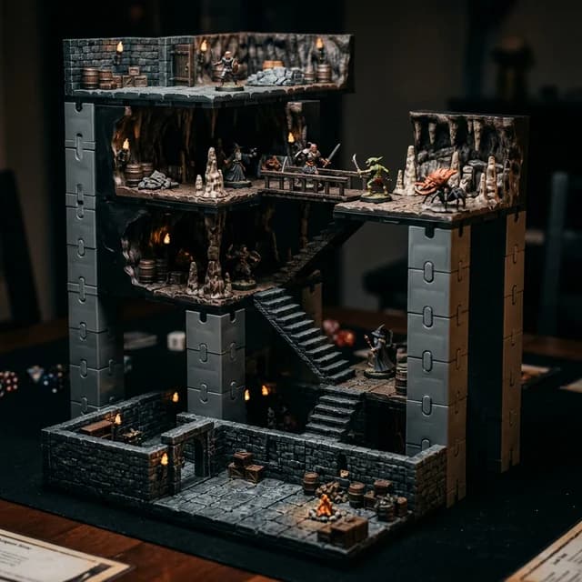 Multi-level vertical dungeon build with spiral staircases, multiple illuminated floors, and detailed interior scenes