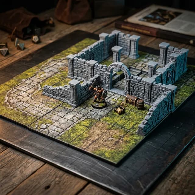 Overhead view of a modular dungeon terrain layout with stone tiles, walls, ruins, and miniature figures on a gridded board